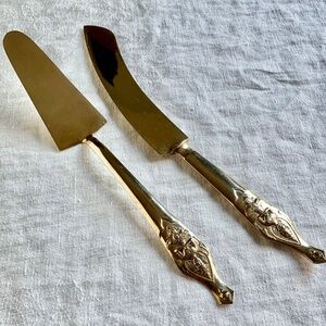 Vintage Thai Brass Cake Knife & Server Set | Ornate Figural Handles Wedding